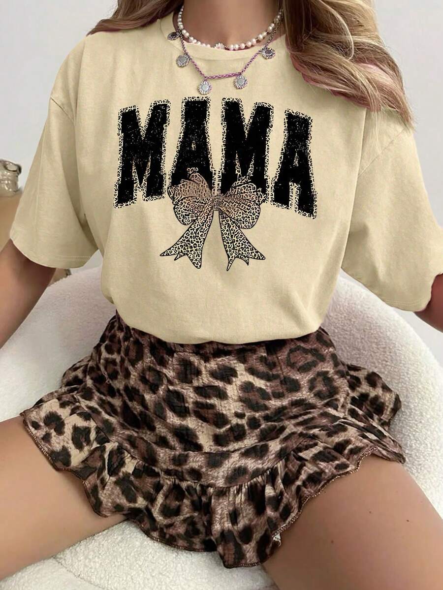 Koszulka damska z grafiką na wiosnę/lato, elegancka, skromna koszulka damska z nadrukiem na dzień matki i nadrukiem w panterkę, khaki, krótki top z okrągłym dekoltem, regularny krój