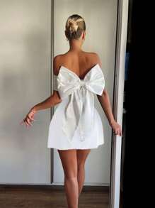 Vestido de verano WOWDARK, conjunto de Día de San Valentín en blanco, vestido de fiesta de línea A con contraste de color, hombros descubiertos y lazo, elegante vestido de dama adecuado para el Día de San Valentín, citas, reuniones, fiestas, viajes, vacaciones, playa y otras ocasiones - Blanco - Ver 4