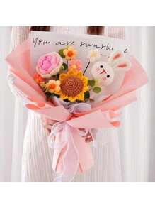 Handmade Crochet Knit Flower Bouquet, Everlasting Flower Craft Gift For Birthday, Teacher's Day Gifts Graduation - Blue Flower Rabbit - View 10