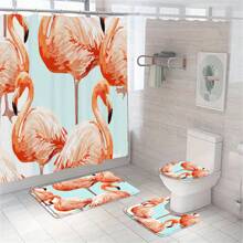 1 套火烈鸟主题浴室装饰，带 12 个挂钩的防水浴帘，防滑浴垫，U 型马桶座套，马桶盖套，浴室装饰，浴室隔断，房间装饰，女性情人节礼物生日男朋友女朋友 - 彩色 - 查看 16