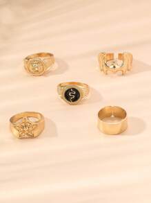 5pcs/Set Pentagram, Bat, Snake Design Fashion Rings, European And American Style, Hip Hop
