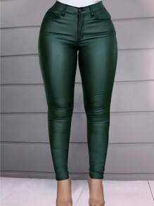Apperloth A Plus Size High Waist PU Leather Leggings With Thermal Lined, Stretchy - 墨綠色 - 查看 3