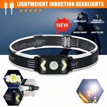 Hoofdlamp met 5-standensensor, snel opladen via Type-C, 1200 mAh, lange levensduur, handgolfsensor + COB-vullicht, geschikt voor nachtvissen, wandelen en hardlopen