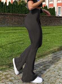 Plus Size Women Striped High Waist Casual Flare Pants - Black - View 1