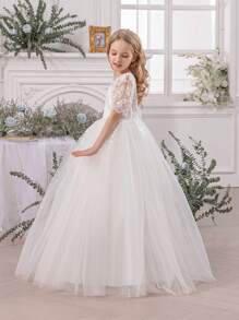 少女白色蕾丝边深V露背网纱毕业优雅公主裙，适合女孩穿着，可用于生日派对、婚礼、花童、伴娘、特殊场合和庆典、毕业典礼等。 - 白色 - 查看 9