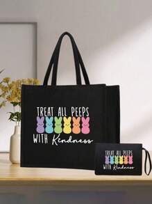 Colorful Cartoon Rabbit Pattern Printed Black Linen Handbag,Cute Rabbit Pattern,"Treat All With Kindness"Pattern ,Easter Bunny,Large Capacity Cosmetic Bag With Hand Rope,Hanging Toiletry Bag,Travel Cosmetic Bags