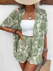 Women's Short Sleeve Shirt And Elastic Waist A-Line Shorts Casual Resort Floral Print Outfit Summer Outfit