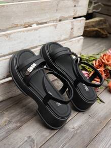 Women's Thick Sole Platform Sandals, Black Beach Sandals, Casual & Versatile Roman Slip-On, Summer