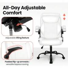 Office Chair Adjustable Desk Chair Mid Back Executive Comfortable PU Leather Ergonomic Gaming Back Support Home Computer With Flip-Up Armrest Swivel Wheels (White)