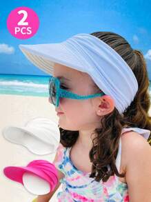 2 件装儿童女孩夏季帽子，遮阳帽，宽边夏季防紫外线沙滩帽，弹力镂空顶款式