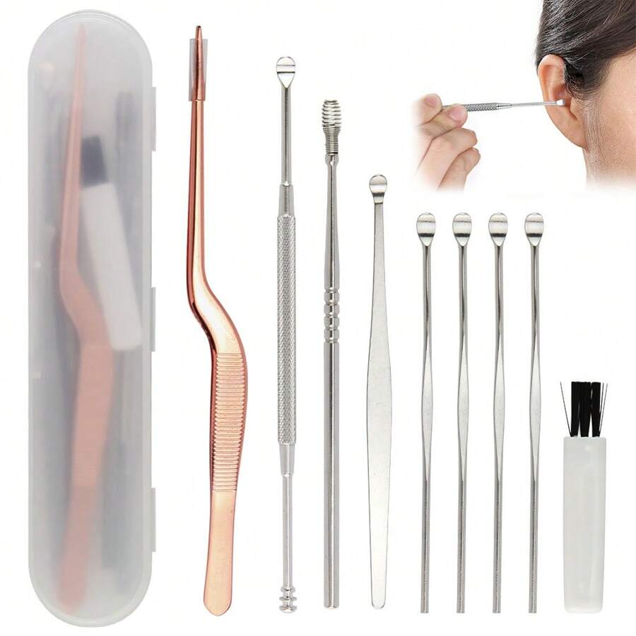 9 Pcs Ear Pick Earwax Removal Kit, Professional Double-Headed Ear Pick Ear Cleaner Curette With Cleaning Brush And Storage Box - 8 件 - 銀色 - 查看 1
