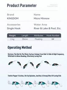Kingdom Micro Minnow 顶水钓鱼饵 2.4 克 35 毫米 Z-Action 硬饵高品质浮动波帕单钩用于鲈鱼梭子鱼 - 彩色 - 查看 3