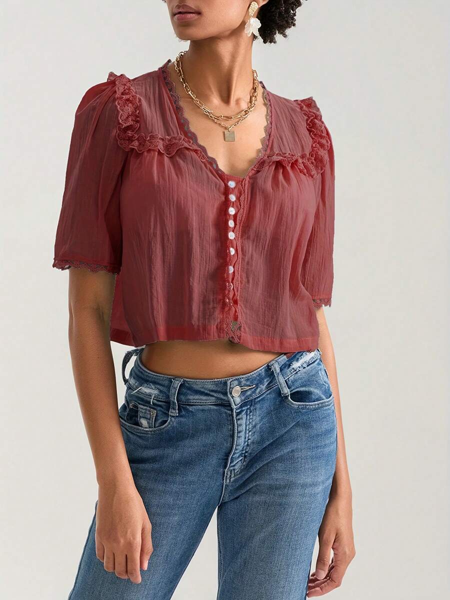 Women Short Sleeve Shirts Lace Ruffles Buttons Blouses Summer Loose Casual Tops - 紅色 - 查看 1