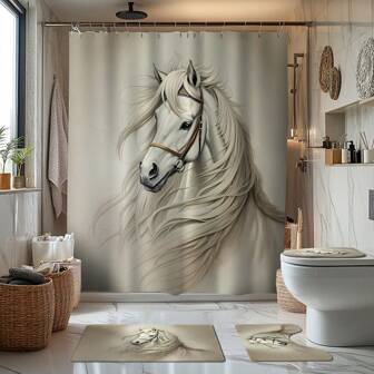 1/4 piezas Juego de decoración de baño con diseño de caballo melancólico, incluye cortina de ducha, alfombra de baño, tapa de inodoro en forma de U, tapa de asiento de inodoro, cortina de ducha impermeable, cortina de partición de baño de estilo moderno, sin necesidad de perforar, hecho de poliéster, lavable a máquina, de vuelta al colegio