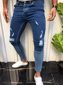 Men's Jeans Elastic Tight Casual Solid Color Ripped Skinny Pants