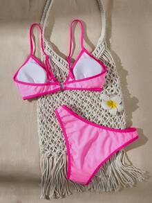 Damen Einfarbig Schwarz & Weiß Splice Sexy Casual Resort Bikini Bademode Urlaub Strand - Pink - Übersicht 4