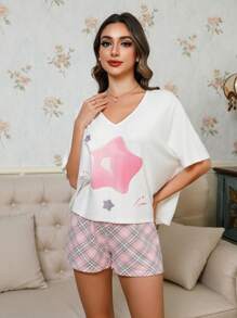 2pcs Women Star Pattern Pajama Set, Loose Fitting Top, Fashion Sleepwear Set, Spring/Summer