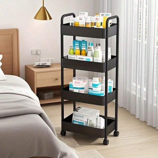 1pc 360° Rotating Multi-Tier Rolling Storage Cart - Plastic, Thick Tube, Strong Load Capacity, Black Or White, Suitable For Bathroom, Bedroom, Kitchen Organization | Includes Side Handles, Bathroom Organizer And Storage Cabinet Bathroom Decor Summer Back To School
