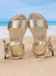 Sandalias de moda de verano para niños, con decoración de lazo, punta redonda plana, calzado casual para playa, adecuado para uso diario de niñas al aire libre