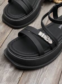 Women's Thick Sole Platform Sandals, Black Beach Sandals, Casual & Versatile Roman Slip-On, Summer