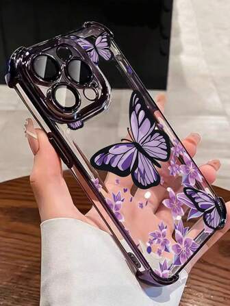 1 st nytt lila fjärilsgalvaniserat krockkuddeskydd/förtjockat transparent TPU-skyddsskal kompatibelt med Apple 17 Pro Max/16 Pro/16/13 Pro Max/12 Pro Max 11, 15 Pro Max, 14 Pro Max/Galaxy, SAM/Honor/Note 13 Pro/S23 Ultra/S24 Ultra