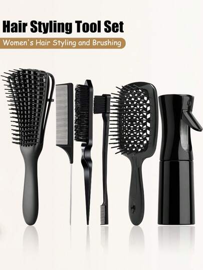1pc/3pcs/4pcs/6pcs Hair Brush Comb Set For Curly Hair With Hair 200mlSpray Bottle, Teasing Hair Brush Rat Tail Comb Edge Brush For Hair Stylist Women Detangling Brush Set, 9 Row Brush Sides Hair Edge Brush Set For Wet And Dry Hair