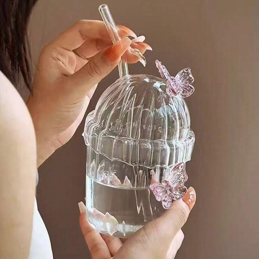 1pc Creative Net Red Butterfly Straw Cup With Lid Ins Style Butterfly Juice Cup Milk Cup Vertical Butterfly Cups - Multicolor - View 1
