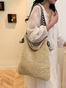 Minimalist Large Capacity Magnetic Closure Design Straw Tote Shoulder Bag, Versatile For Daily Outings, Beach, Vacation