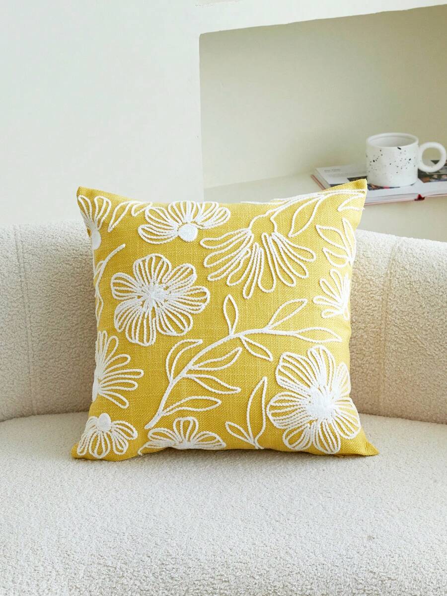 1pc Yellow Flower & Leaf Embroidery Throw Pillow Cover, Suitable For Indoor Decoration, All Season Decorative Cushion Cover, Insert Not Included