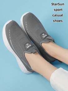 Women's Knit Mesh Breathable Round Toe Flat Multifunction Fashion Casual Sports Shoes, Rubber Sole Non-Slip Wear-Resistant Lightweight Running Shoes, Color Block, Spring/Autumn New Korean Style Flat Comfy Casual Sneakers - Grey - View 3