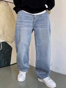 Men's Retro Versatile Loose Straight Leg Jeans - Casual Denim, Non Stretch Fabric, Zippered Crotch, Machine Washable, Suitable For All Seasons - 藍色 - 查看 4