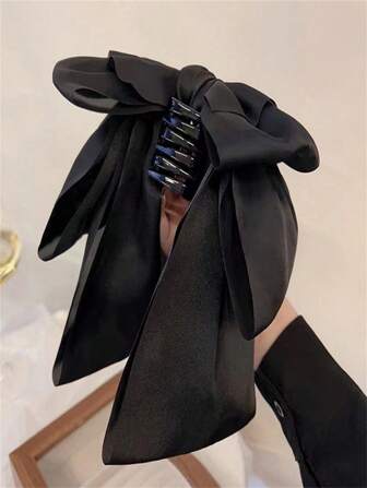 1 件女士优雅甜美黑色蝴蝶结发夹马尾装饰配件，发夹适合日常佩戴