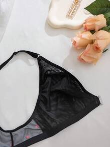 Women's Wireless Lingerie Bra With Sexy Heart Net Sheer Backless V-Neck Comfortable Lingerie Brassiere - Black - View 10