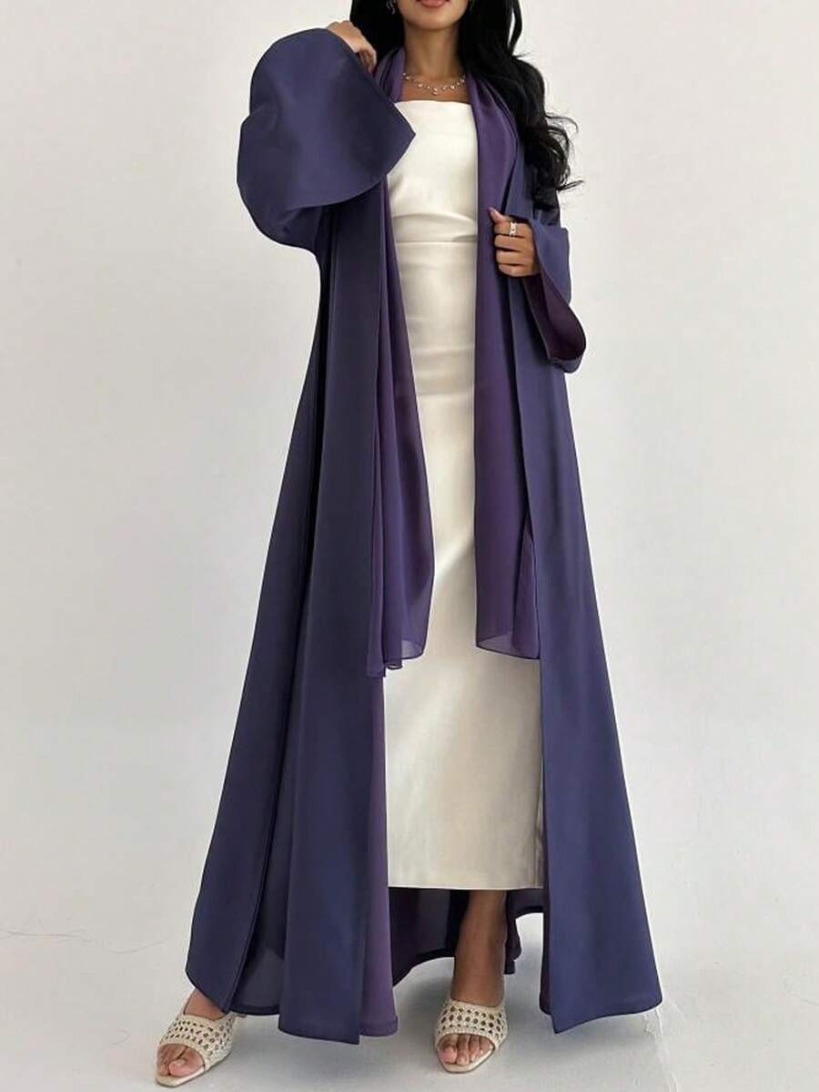 1 件时尚简约撞色双色双面女士纯色中东服装长裙时尚优雅开衫连衣裙长袍 Abaya 适合日常节日,适度 - 彩色 - 查看 1
