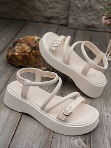 Thick Sole Platform Wedge Sandals For Women, New Summer Beige Beach Sandals, Versatile Roman Slippers