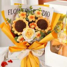 Handmade Bouquet Of Permanent Knitted Flower Sunflower Rose Puff, Therapeutic Preserved Flower, Birthday/Graduation Gift