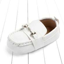 White Infant Bean Shoes,Male And Female Babies The Same Style,Metal Lock Design,Soft Sole Non-Slip Simple Fashion,Flat Shoes For Newborns - White - View 2