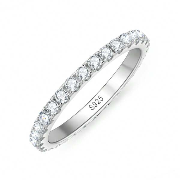 XUJIA 1PC D Color 2mm Round Cut Moissanite Full Eternity Band Ring For Women Wedding Band 925 Sterling Silver Stackable Rings Jewelry Gift  Comes With 1pc 2mm  Moissanite GRA Certificate
