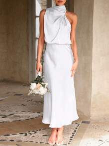 Women's Summer Satin Dress Elegant Sleeveless Fake Neckline Cocktail Gown - trắng - Xem 4