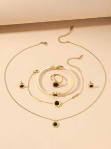 6 件/套钛钢不褪色罗马数字项链、手链、锁骨链、吊坠首饰套装，适合女士，优雅