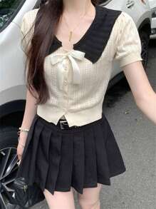 Cute Color Contrast Bow Collar Cardigan Knitted Sweater Top For Women, Summer