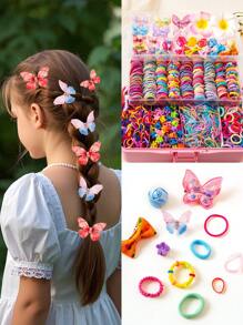 Juego de 814 piezas de accesorios para el cabello de niñas, gomas elásticas multiestilo y multicolor, lazos y flores lindos pinzas para el cabello, decoraciones de pasador de mariposa brillante, adecuado para todas las temporadas, regalo perfecto para niñas, excelente para peinados de fiesta y vacaciones