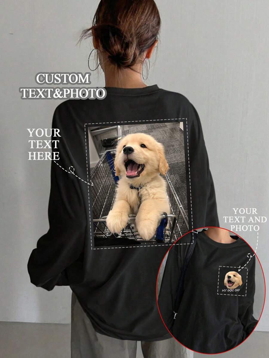 女款個性化寬鬆黑色T恤,可自定義文字與照片(徽章設計/公司Logo/家庭合照/自拍/寵物/情侶照) - 黑色 - 查看 1