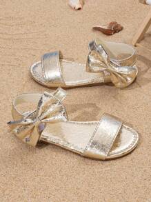 Sandalias de moda de verano para niños, con decoración de lazo, punta redonda plana, calzado casual para playa, adecuado para uso diario de niñas al aire libre