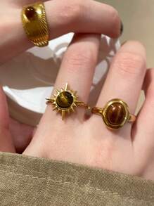 Set de 3 anillos abiertos con decoración de sol a la moda, apropiado para uso diario de mujeres