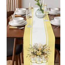 1Pc Table Runner For Kitchen Dinner Holiday Birthday Wedding Party Decor, Spring Flower Arrangement Stripes Yellow Washable Seasonal Table Center Decor Runner