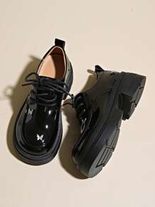 Women's High Heel Chunky Platform Loafers, Black Patent Leather Classic Timeless Butterfly Decor, Anti-Slip Thick-Soled Elevator Shoes - Black - View 2