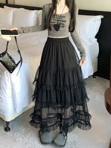 Layered Micro-Sheer Mesh High Waisted Flared Ballerina Skirt, Spring/Summer 2025, Slimming A-Line Design Casual Black - Black - View 7
