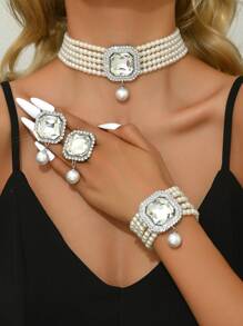 4pcs Set Luxury Exaggerated Pearl, Rhinestone, Crystal Necklace, Earrings, Bracelet Jewelry Set, Suitable For Women Wedding, Party, Holiday Gift