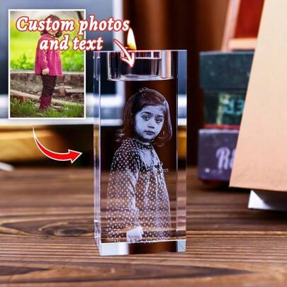 1 pieza Portavelas de cristal 3D personalizado con foto - Portavelas de cristal personalizado con foto y texto, regalo para papá, mamá, él, ella | Regalos personalizados para el Día de la Madre, Día del Padre, Aniversario (Extra Grande)